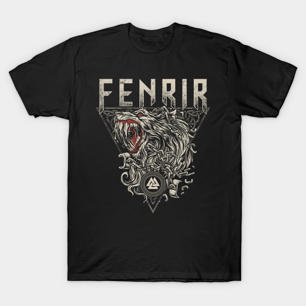 Norse Fenrir Wolf Ragnarok Viking Mythology Valknut T-Shirt by Blue Pagan